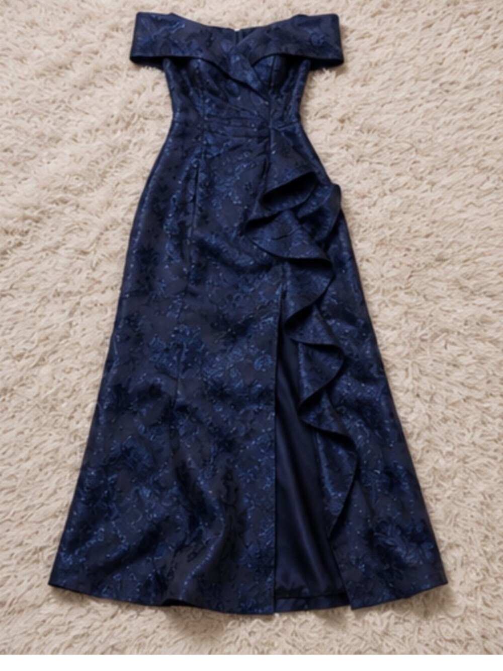 Xscape Navy Blue Off-Shoulder Ruffled Evening Gown